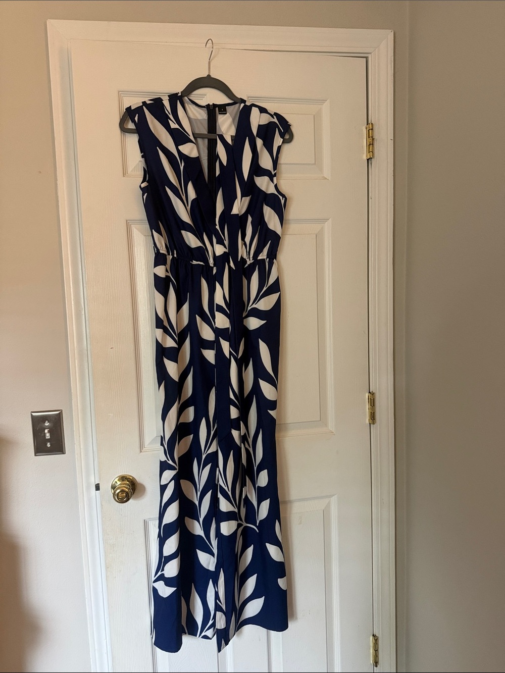 SHEIN Navy & White Leaf-Print Jumpsuit